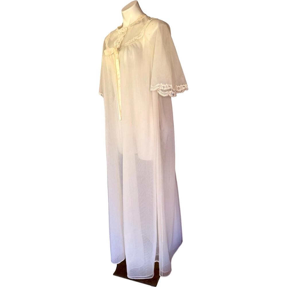 Vintage Shadowline Chiffon Robe Ivory Lace Pearl Button 1970s Peignoir Nylon S - Picture 9 of 13